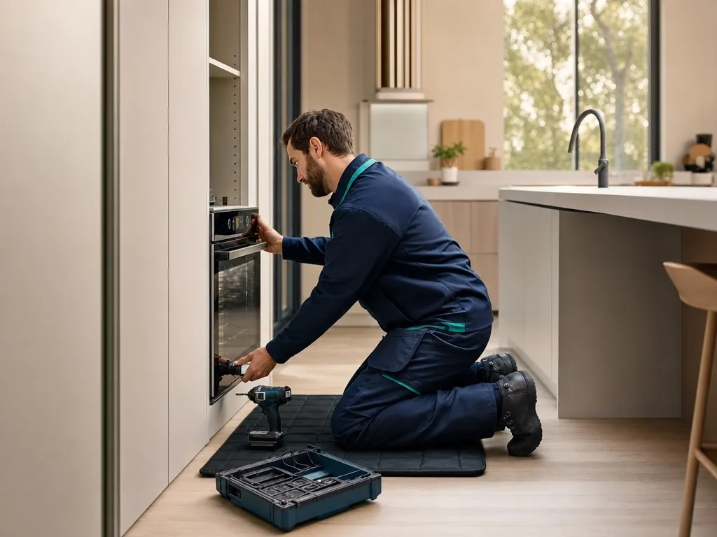 Un technicien encastre un four dans un meuble de cuisine