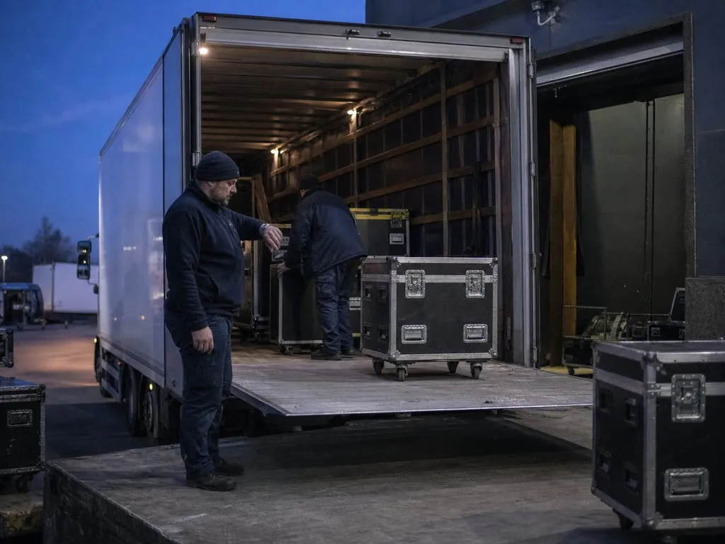 Camion et équipe événementielle au quai d’un hall d’exposition