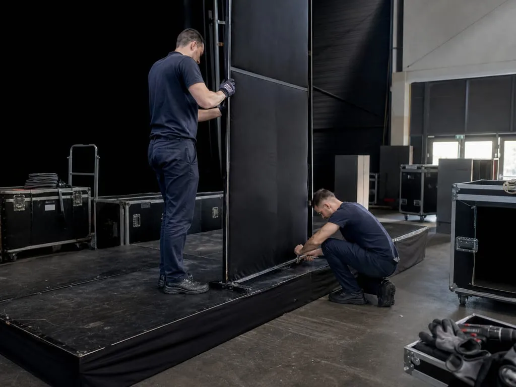 Deux équipiers montent une structure de stand dans un hall