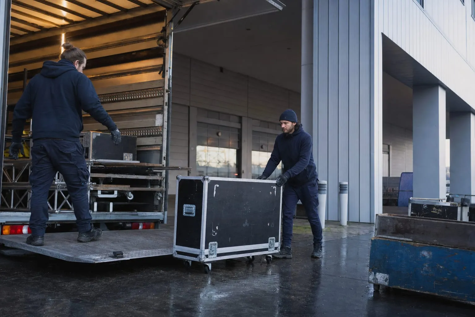 Équipiers déchargeant des flight-cases au quai d’un hall d’exposition