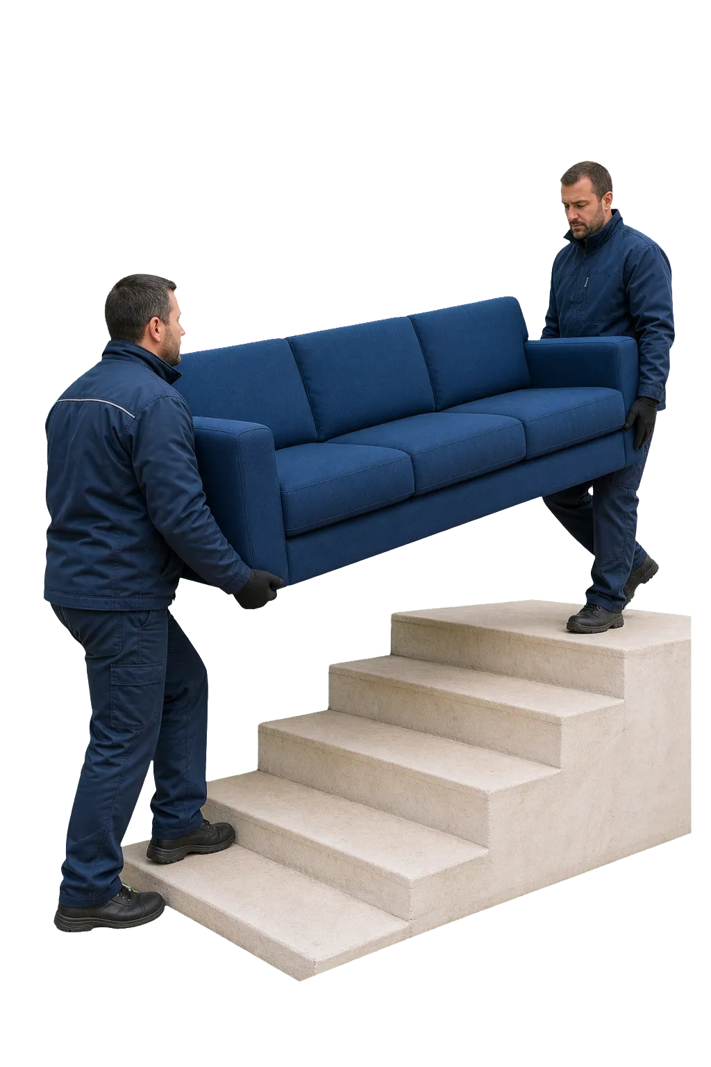Deux spécialistes montent un grand canapé par un escalier
