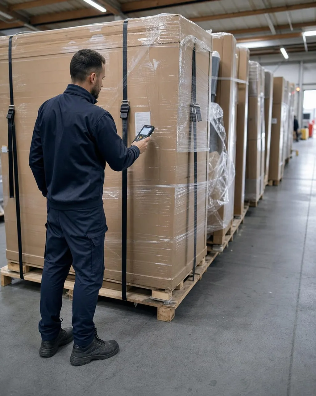 Opérateur contrôlant un colis e-commerce volumineux dans un hub