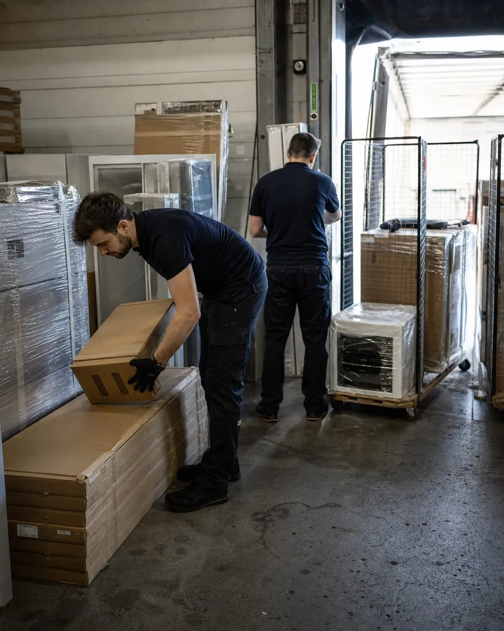Équipe préparant les colis volumineux dans la réserve d’un magasin