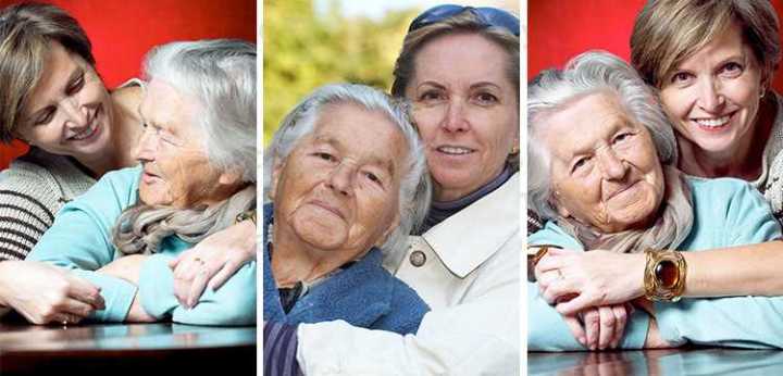 three images of the same mother and daughter in various close poses