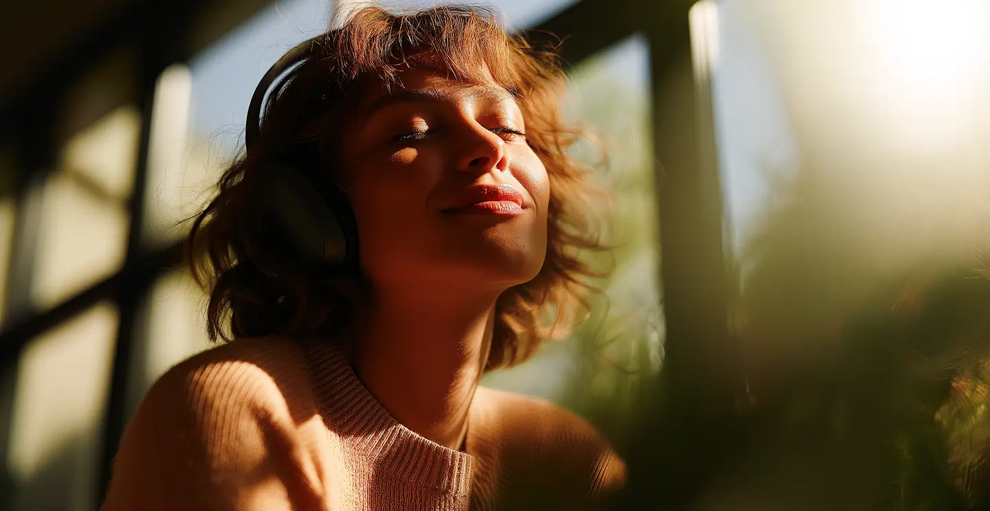 Woman wearing headphones with her eyes closed during a guided relaxation