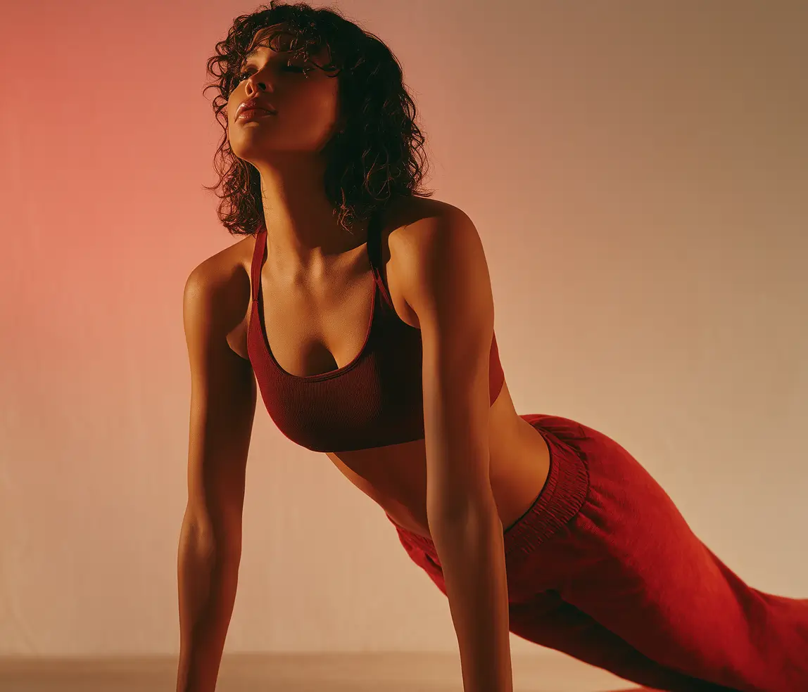 Woman with curly hair doing yoga or stretching in red sportswear against a warm-toned background.
