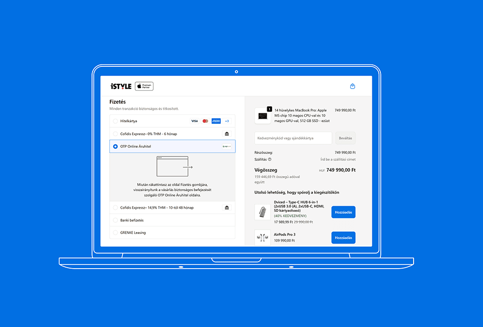 iSTYLE Shopify Plus Checkout mit ausgewählter OTP Online Áruhitel Ratenkauf-Option, Bestellübersicht mit MacBook Pro und Zubehör-Upsells sowie mehreren Zahlungsalternativen