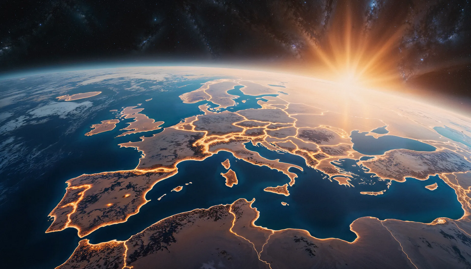 Satellitenansicht Europas aus dem Weltraum mit leuchtenden Stadtlichtern entlang der Küsten und Grenzen, Sonnenaufgang am Horizont