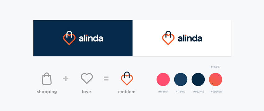 Alinda Markenidentität: Logo in dunkler und heller Variante, Entstehung des Emblems aus Einkaufstasche und Herz-Symbol sowie die vier Markenfarben – Pink, Dunkelblau, Navy und Koralle