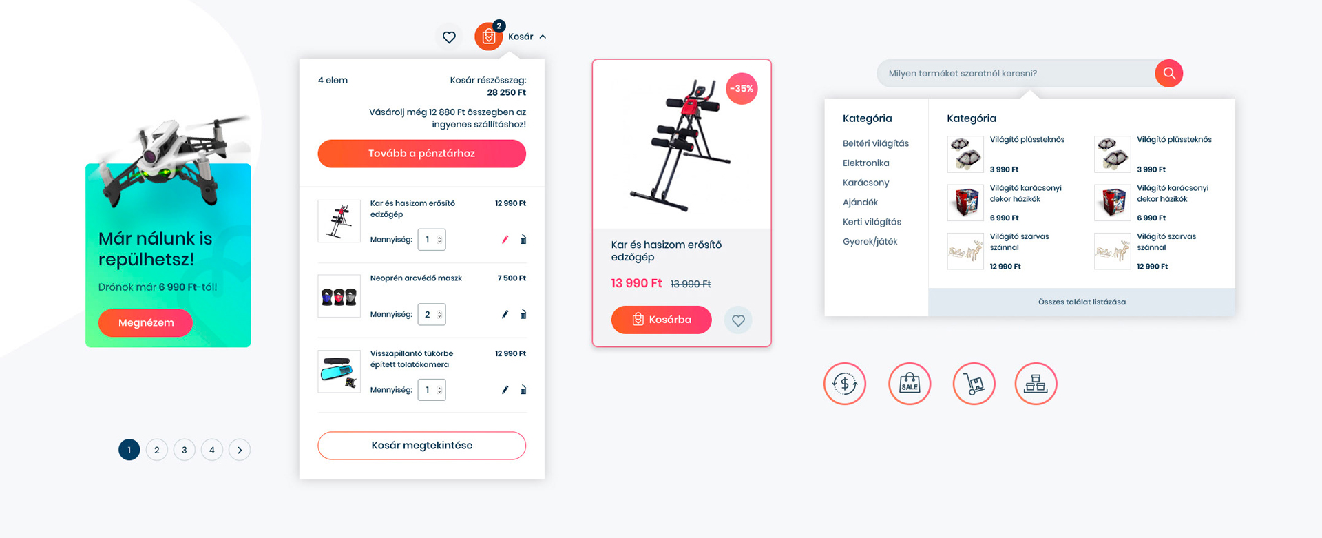 Vier UI-Komponenten der Alinda E-Commerce-Plattform: Hero-Banner mit Drohnen-Promotion, Warenkorb-Overlay mit Produktliste und Checkout-Button, Produktkarte mit Rabattanzeige und Kaufoption sowie Suchleiste mit Kategoriemenü und Produktvorschau