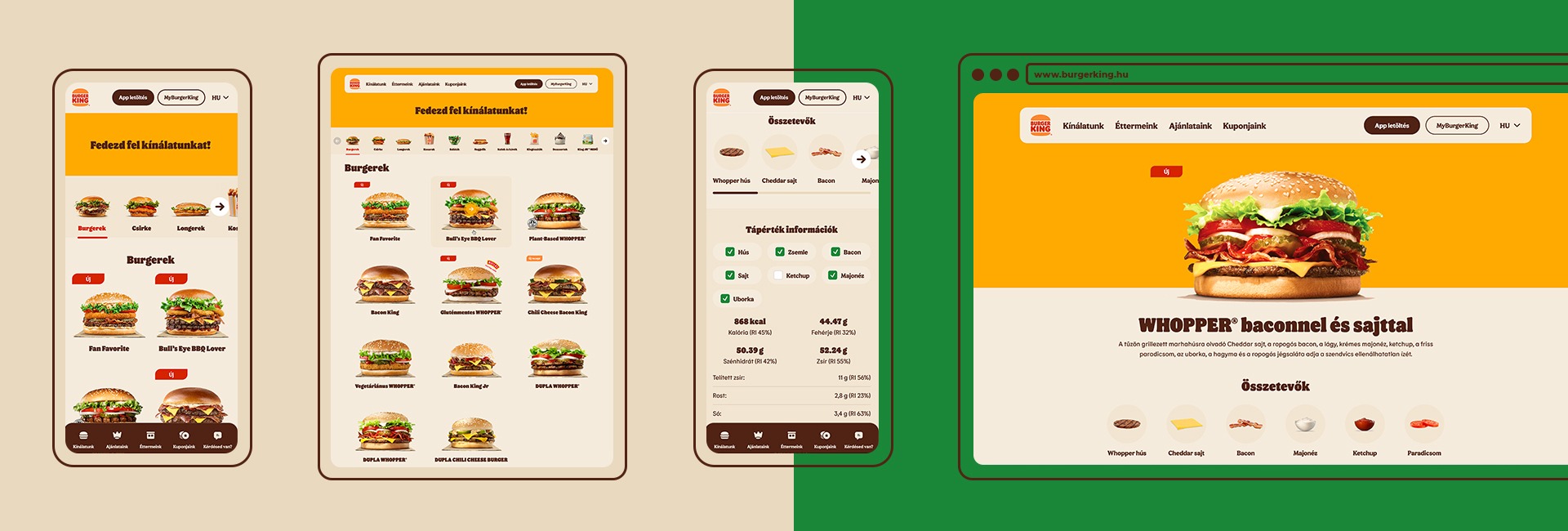 Vier Geräteansichten der Burger King Ungarn Website: mobile Menüübersicht mit Burgerkategorien, Tablet-Ansicht der vollständigen Burgerkarte mit Produktfotos, mobile Nährwertinformationen und Zutatenauswahl eines Produkts sowie Desktop-Ansicht der WHOPPER-Produktseite mit Hero-Bild und Zutatenleiste
