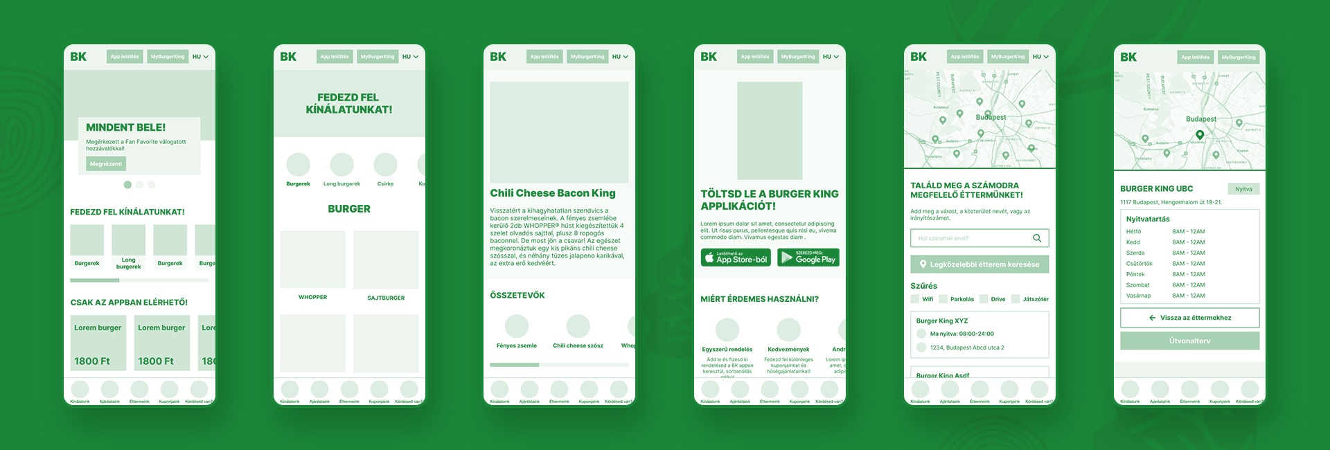 Sechs mobile Ansichten der neu gestalteten Burger King Ungarn Website: Startseite mit Hero-Banner, Menükategorien, Produktdetailseite, App-Download-Bereich sowie Restaurantsuche und Einzelrestaurant-Detailansicht mit Kartenintegration