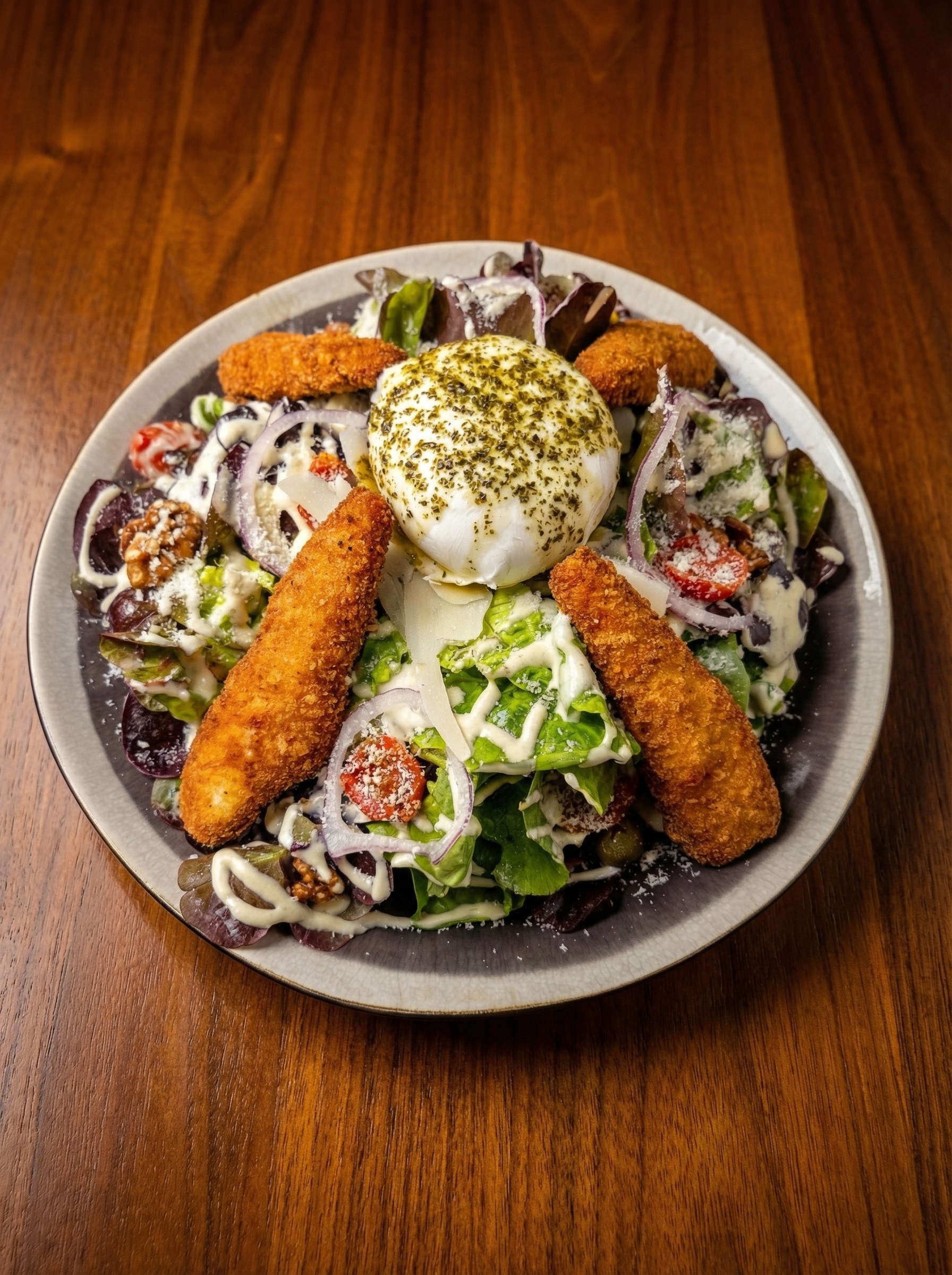 Salade Pavarotti, burrata et croustillants de fromage