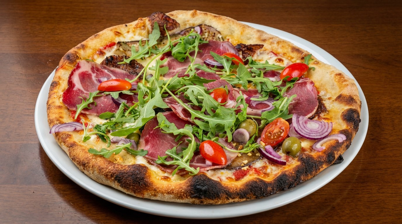 Pizza jambon cru, roquette et olives