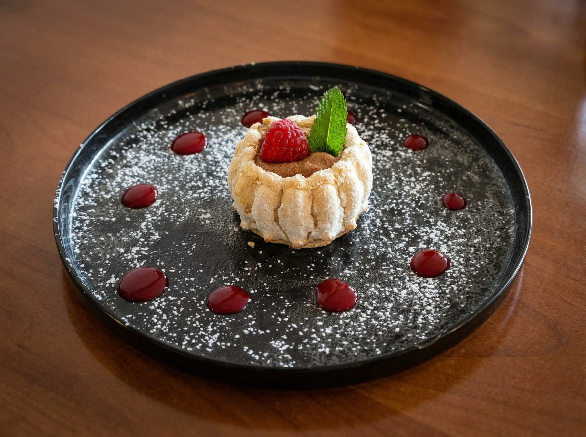 Dessert à la framboise et coulis de fruits rouges