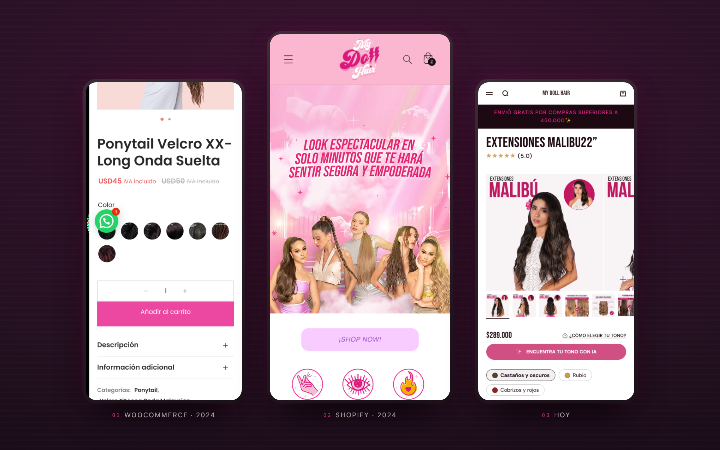 MyDollHair in 2024 on WooCommerce, in 2024 on Shopify, and today