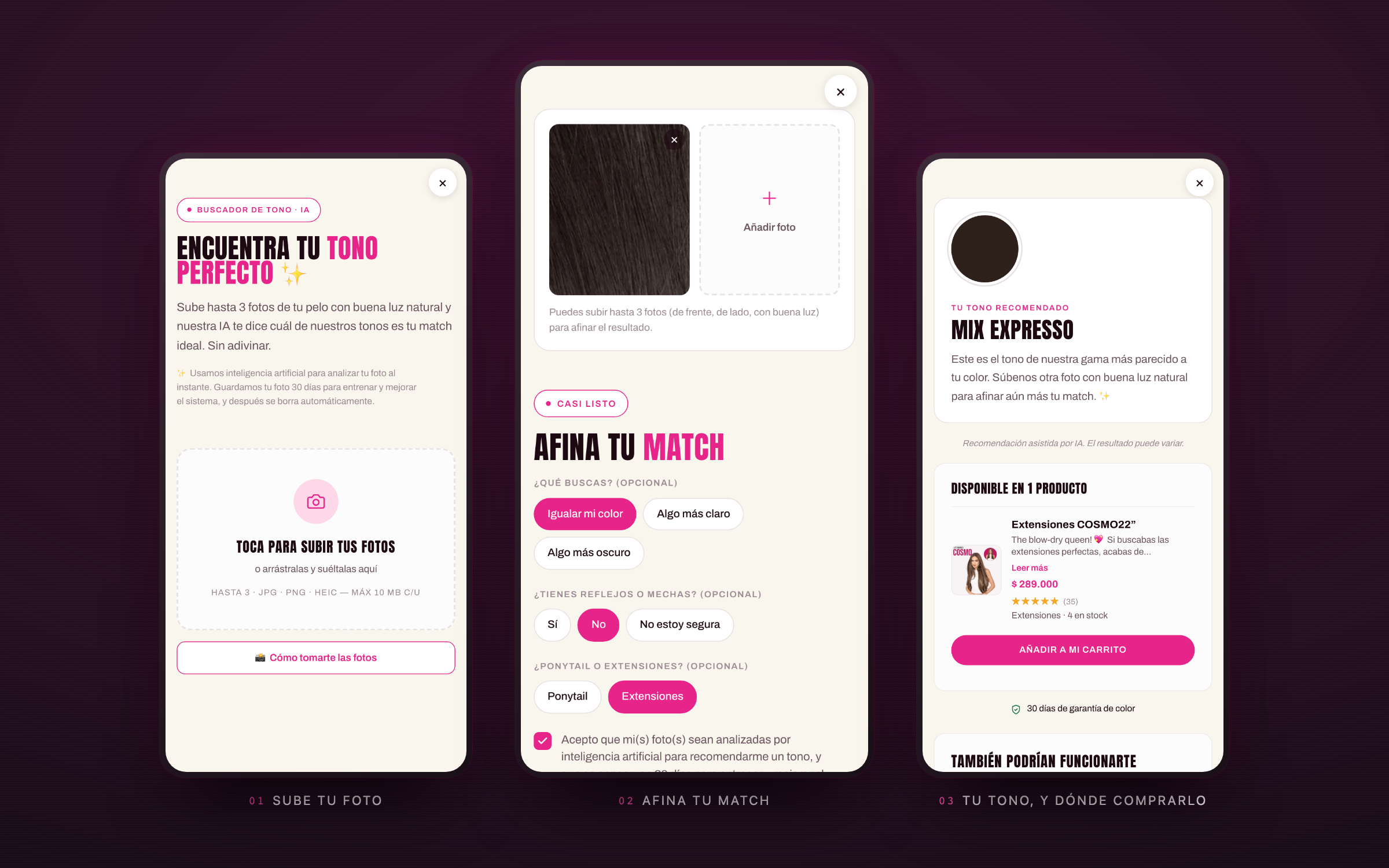 The three steps of the MyDollHair shade finder