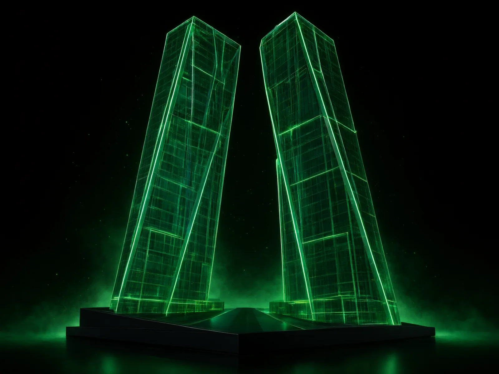 Dos torres de vidrio verde inclinadas una hacia otra sobre una avenida, como la Puerta de Europa de Madrid.