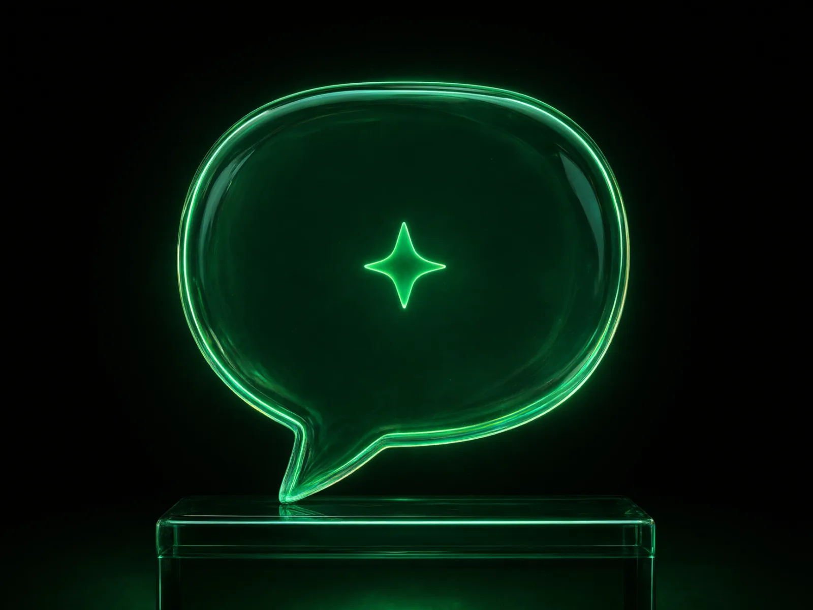 Bocadillo de chat de vidrio verde con una estrella de cuatro puntas dentro, sobre un pedestal oscuro.