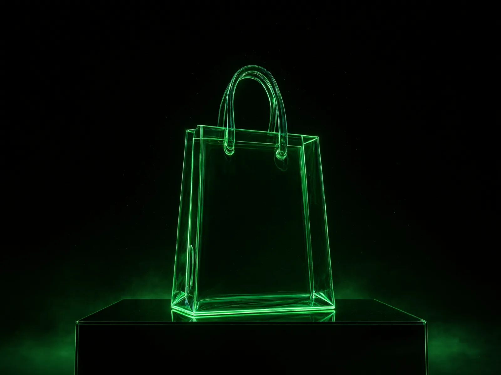 Bolsa de compra de vidrio verde sobre un pedestal oscuro.