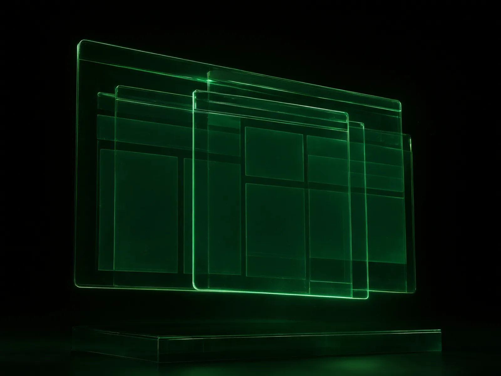 Tres ventanas de navegador de vidrio verde, una detrás de otra, sobre un pedestal oscuro.
