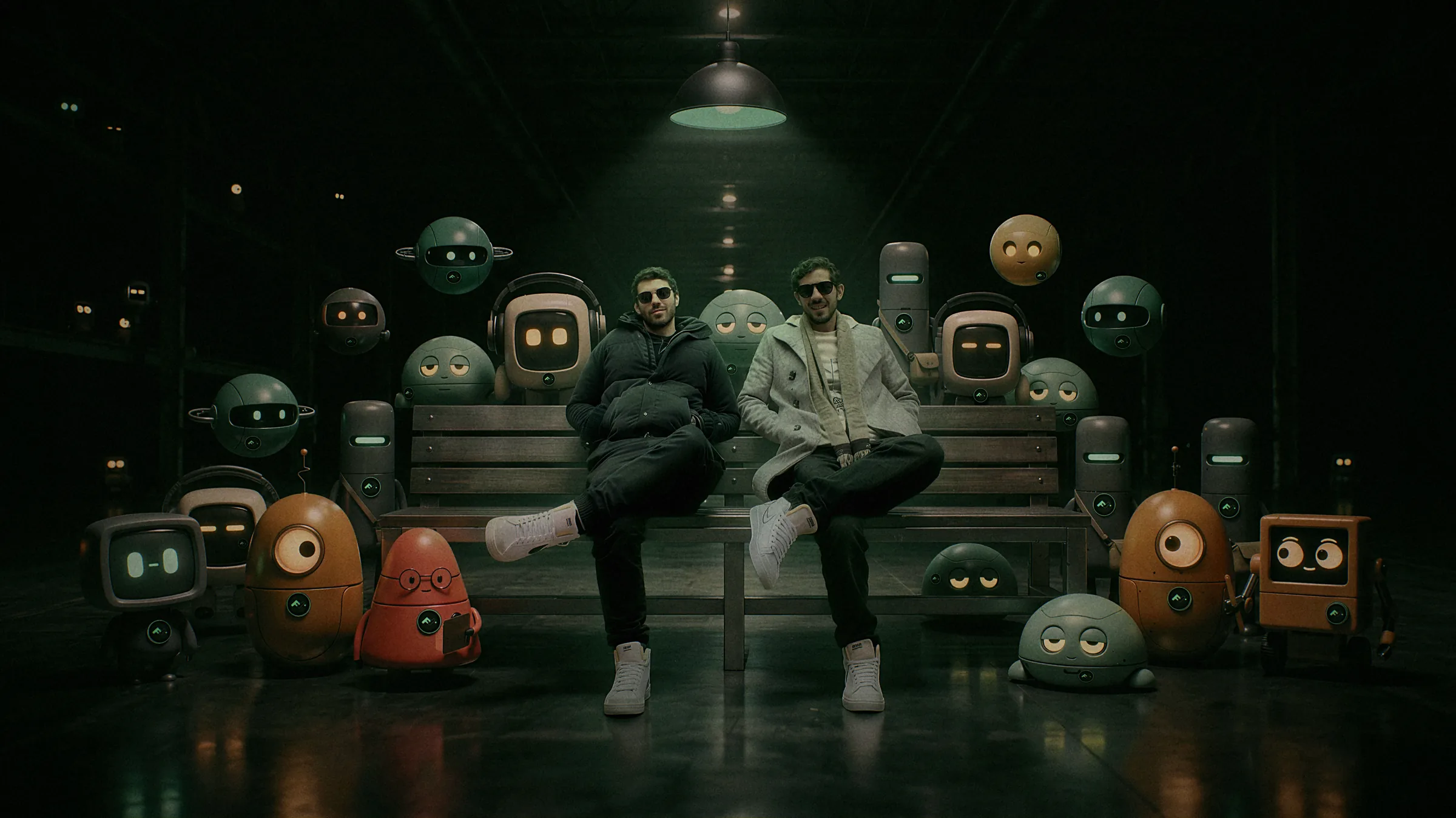 Flamel's founders sitting on a steel bench in a dark factory hall, surrounded by a crew of robot companions wearing the Flamel pin.