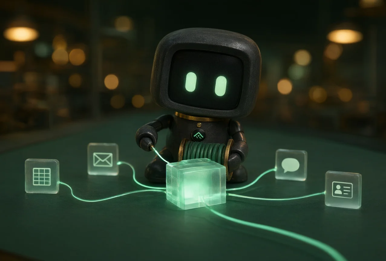 A small robot plugs glowing cables from a spreadsheet, an email, a chat and a contact card into one glass core