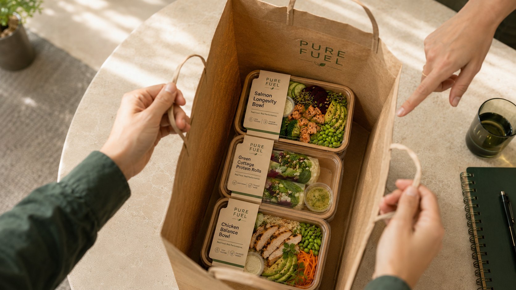 Drei Menschen packen eine Pure Fuel Einkaufstüte aus