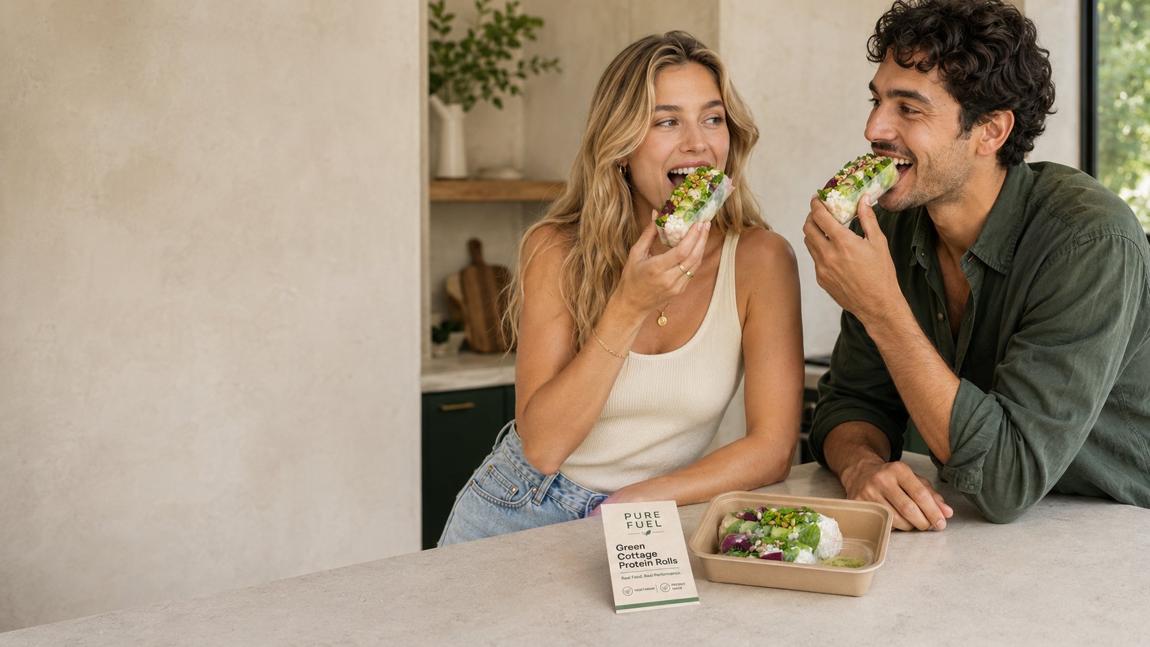 Zwei Menschen teilen Green Cottage Protein Rolls in der Küche
