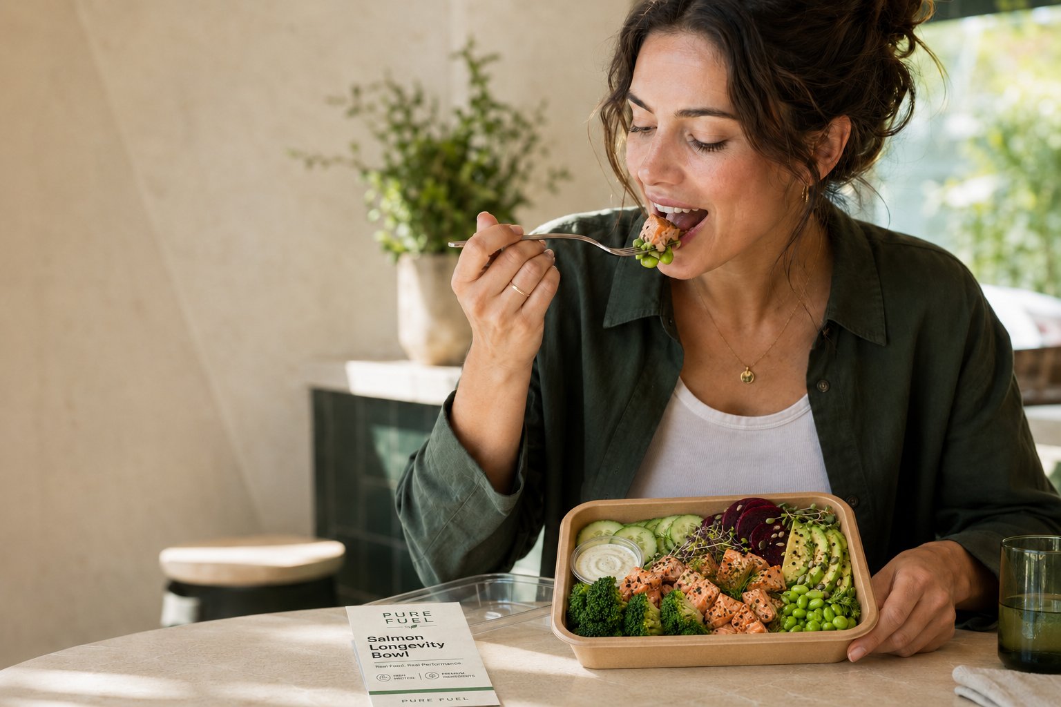 Frau isst eine Salmon Longevity Bowl