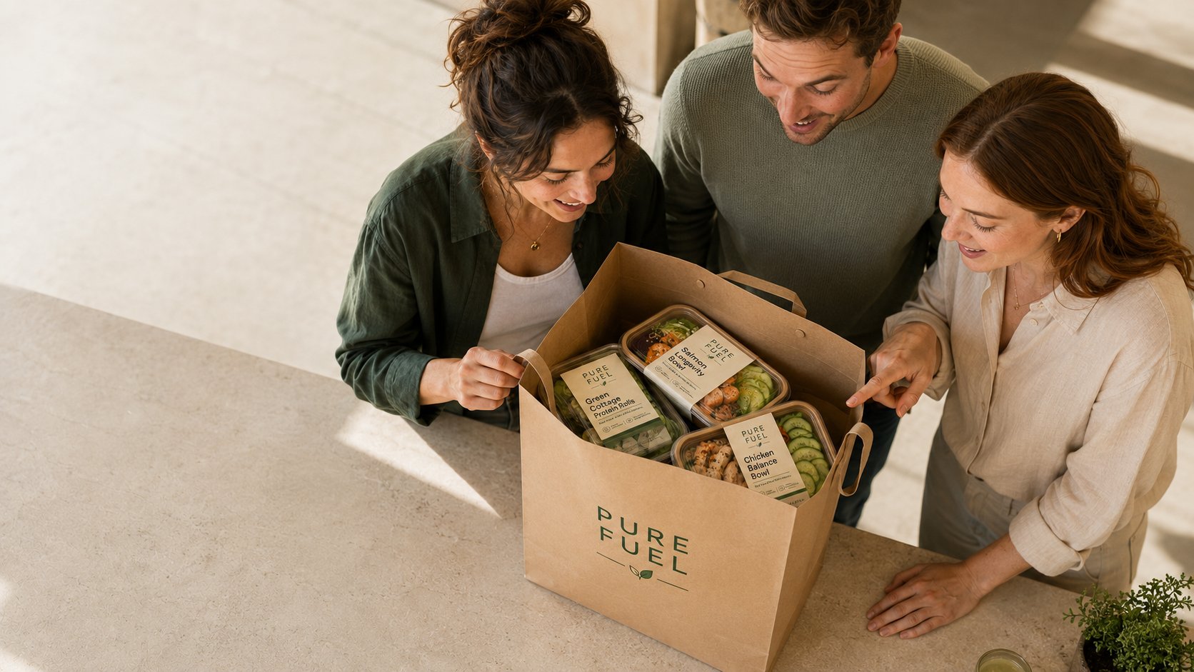 Drei Freunde packen die Einkaufstüte aus