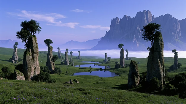 Tree-topped stone pillars across a green valley beneath misty mountains