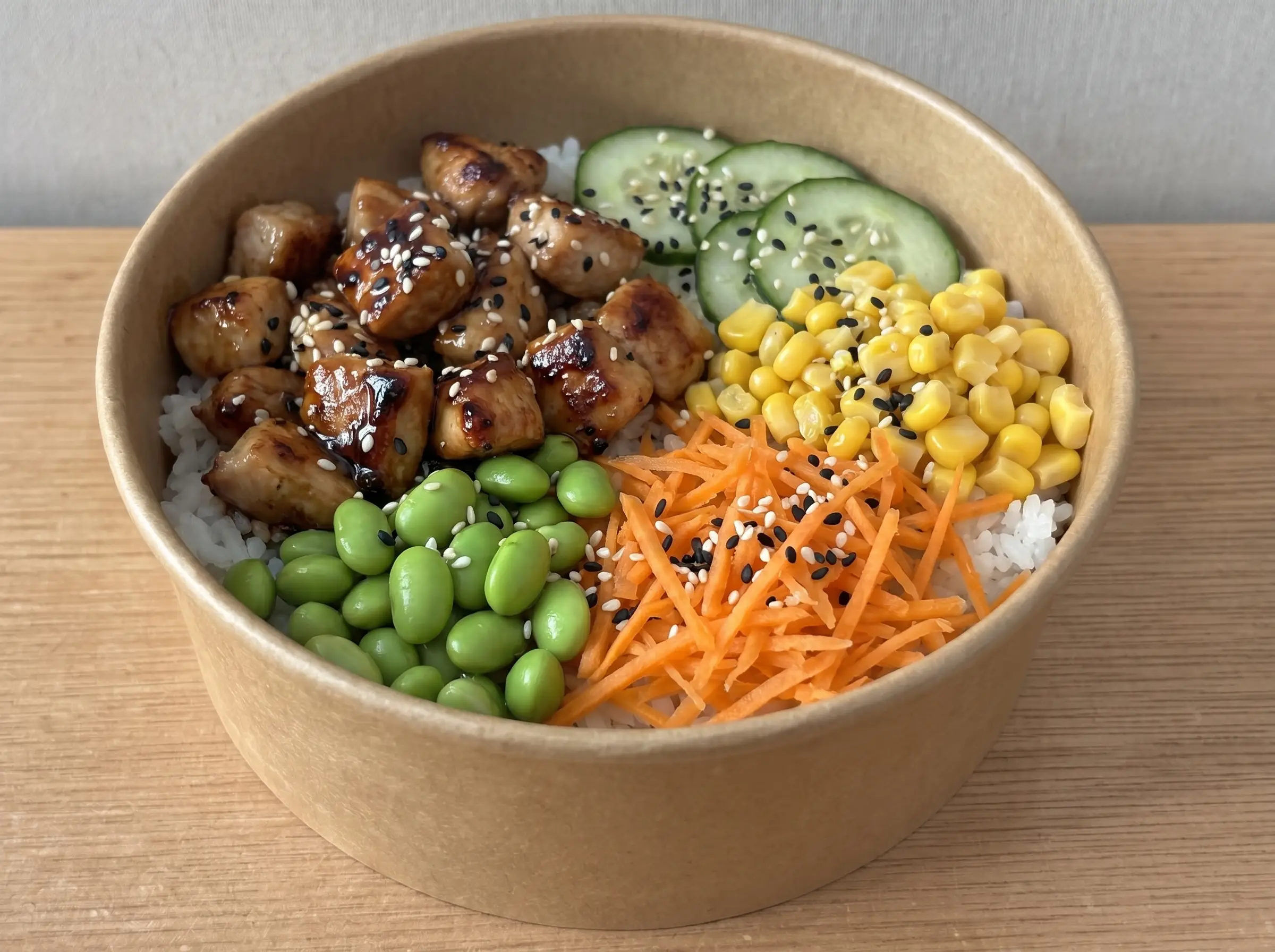 Teriyaki Chicken Bowl in brauner Pappschale: geglazte Hähnchen-Bites, Sushireis, Edamame, Möhren, Mais, Gurke und Sesam