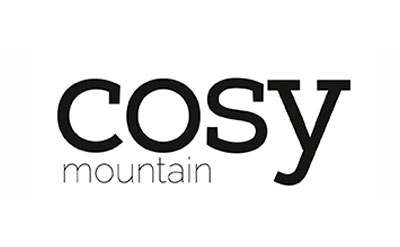 Logo texte simple avec le mot "cosy" en noir gras et "mountain" en gris clair en dessous.