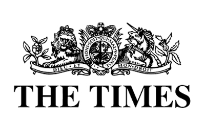 Emblème du journal britannique The Times avec un lion et une licorne entourant un blason orné d'une couronne, au-dessus du texte 'THE TIMES'.