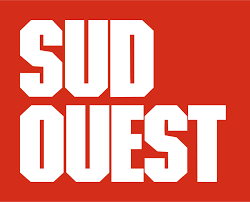 Logo de Sud Ouest avec le texte blanc en majuscules sur un fond rouge.