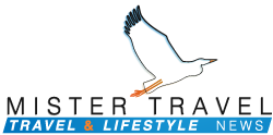 Logo de Mister Travel avec une silhouette d'oiseau en vol au-dessus du texte et une flèche orange pointant vers la droite, accompagné du texte coloré 'Travel & Lifestyle News'.