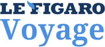 Logo de Le Figaro Voyage avec le mot "LE FIGARO" en majuscules bleu foncé et un oiseau stylisé bleu clair entre les mots, et "Voyage" en bleu clair en dessous.