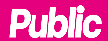 Logo du mot 'Public' en lettres blanches sur un fond rose vif.