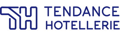 Texte en majuscules bleues sur fond blanc affichant "TENDANCE HOTELLERIE".