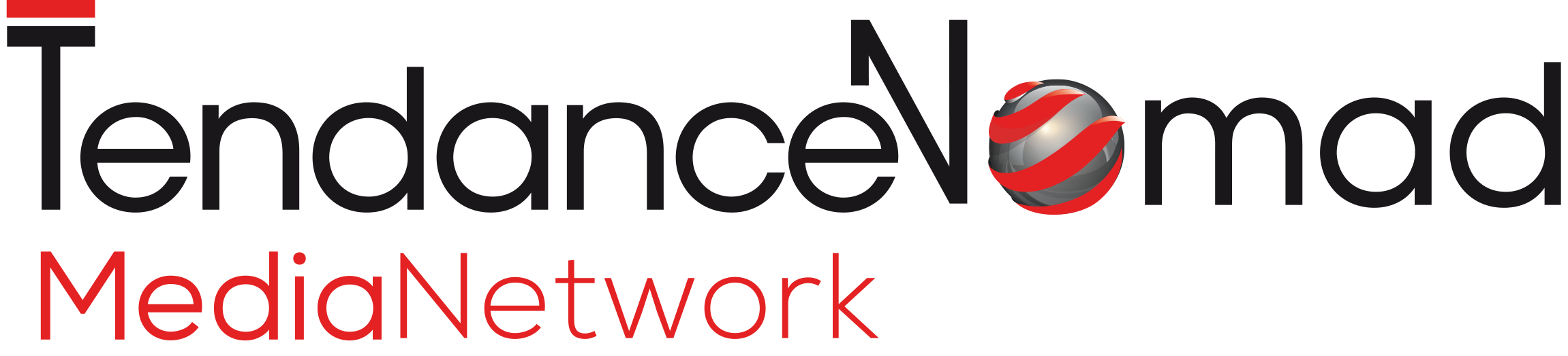Logo de TendanceNomad MediaNetwork avec le texte en noir et rouge et une sphère grise et rouge intégrée à la lettre N.