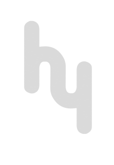Logotype gris clair formé des lettres stylisées 'hy' en minuscules reliées par une ligne courbe verticale.