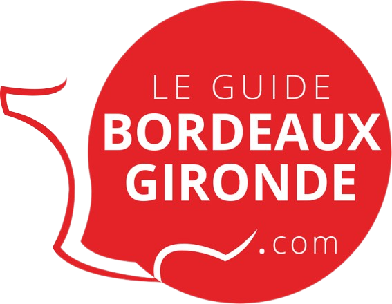 Logo rouge en forme de bulle avec le texte blanc "Le Guide Bordeaux Gironde .com" au centre.