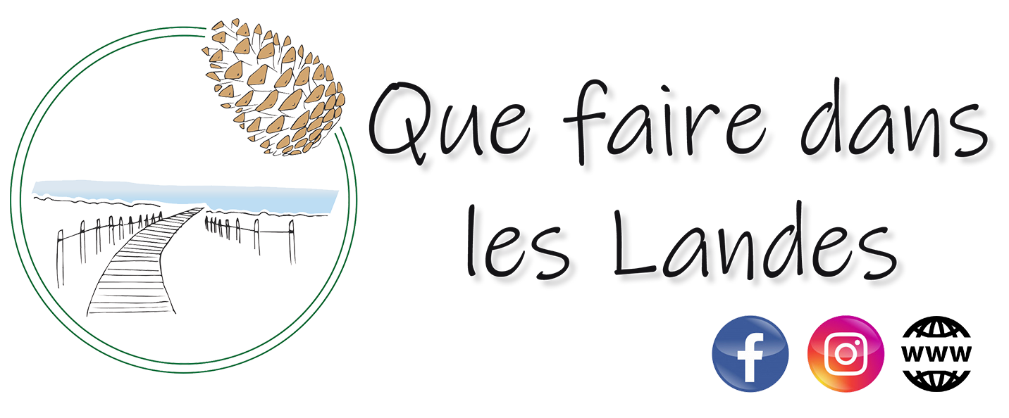 Logo représentant un chemin en bois bordé de poteaux menant vers une plage et la mer, entouré d'un cercle vert avec une pomme de pin au sommet, accompagné du texte 'Que faire dans les Landes' et des icônes Facebook et Instagram.