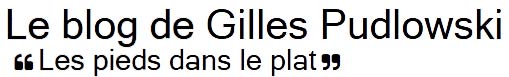 Texte noir sur fond blanc indiquant « Le blog de Gilles Pudlowski » suivi du sous-titre « Les pieds dans le plat » entre guillemets.