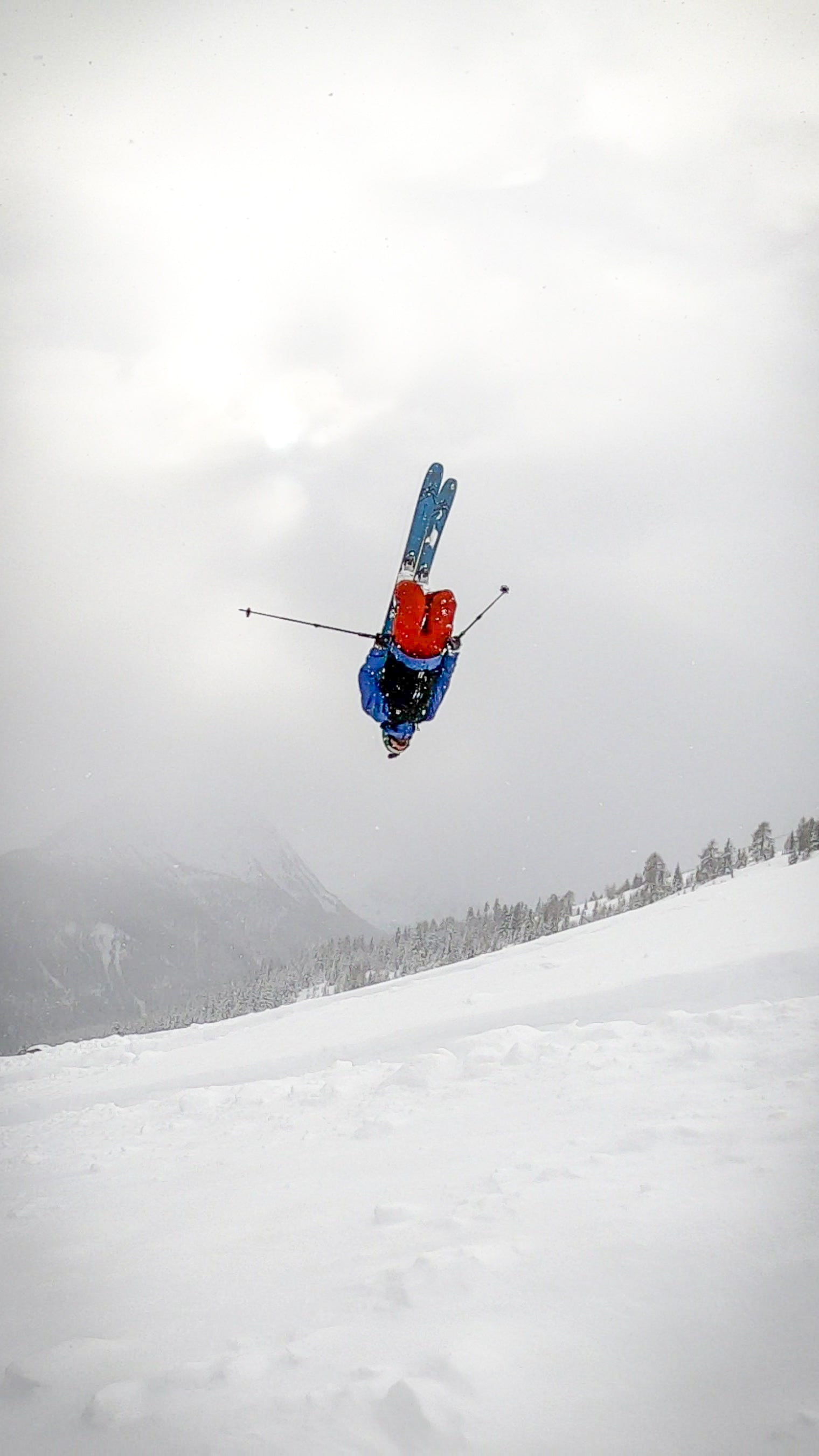 Un skieur effectue un salto arrière dans les airs sur une pente enneigée avec des montagnes et des arbres en arrière-plan sous un ciel nuageux.