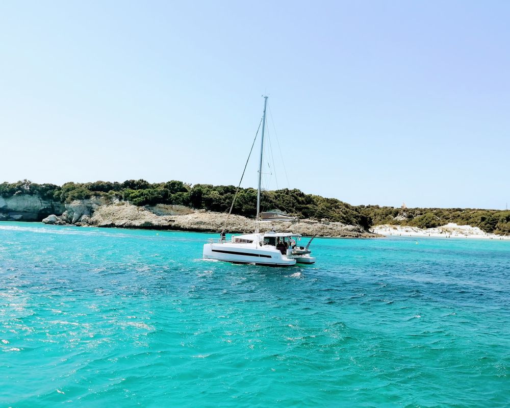 Un catamaran blanc flottant sur une mer turquoise avec une côte rocheuse et boisée en arrière-plan sous un ciel clair.