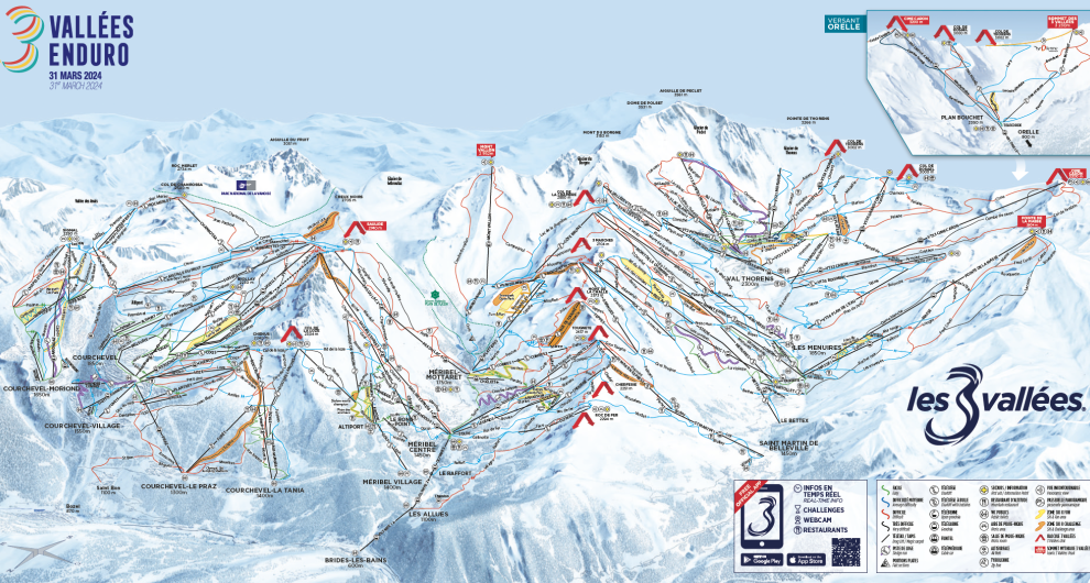 Carte des stations de ski des 3 Vallées avec domaines de Courchevel, Méribel, Les Menuires et Val Thorens, montrant pistes de ski, remontées mécaniques, zones de compétition, aires de rechargement, et services variés pour l'événement Vallées Enduro du 31 mars 2024.