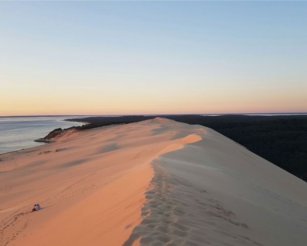 Dune de sable s'étendant vers l'horizon au coucher du soleil, avec une forêt dense à droite et la mer à gauche, une personne assise sur le sable à gauche.