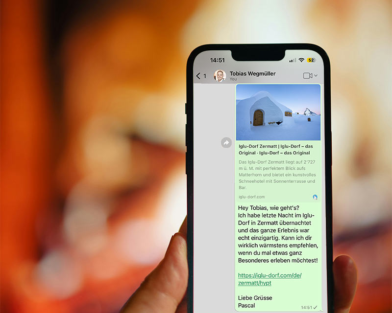 Picture of a WhatsApp chat in which the igloo village was recommended